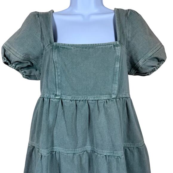 Louna Green Denim Babydoll Empire Puff Sleeve Tiered Mini Dress Women's XS Boho - Picture 2 of 9